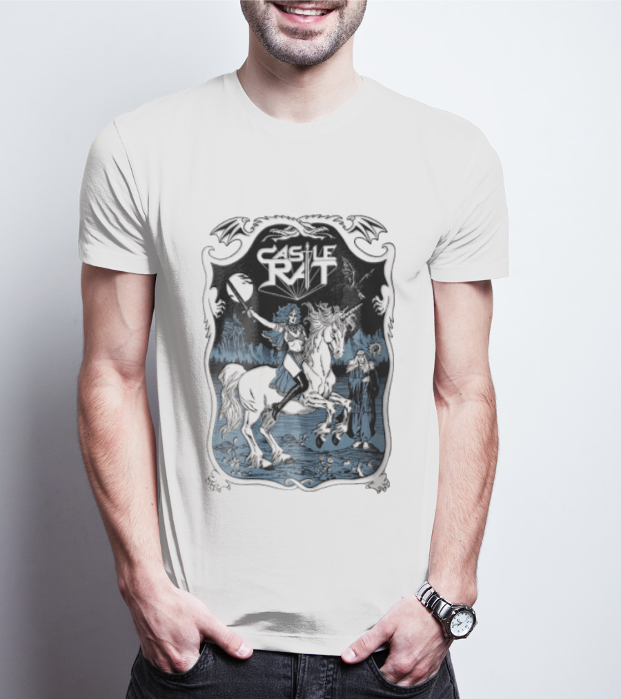 Castle Rat Warrior Woman Riding Unicorn Wizard Fantasy Scene T-Shirt