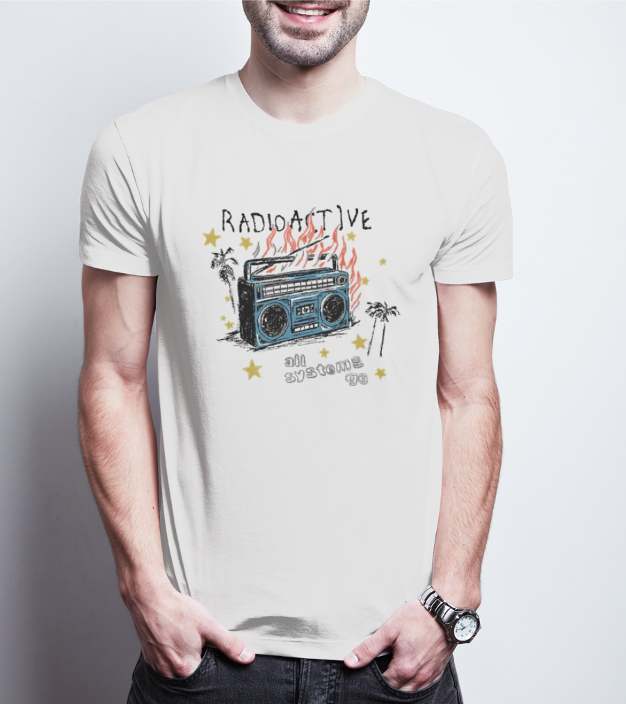 Radioactive All Systems Go Boombox Cassette Flames Stars Palms T-Shirt