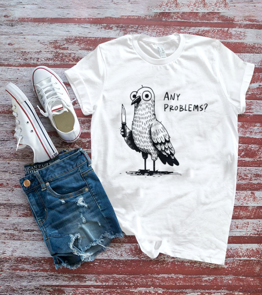 Pigeon With Knife Any Problems Retro Style Black Sketch T-Shirt