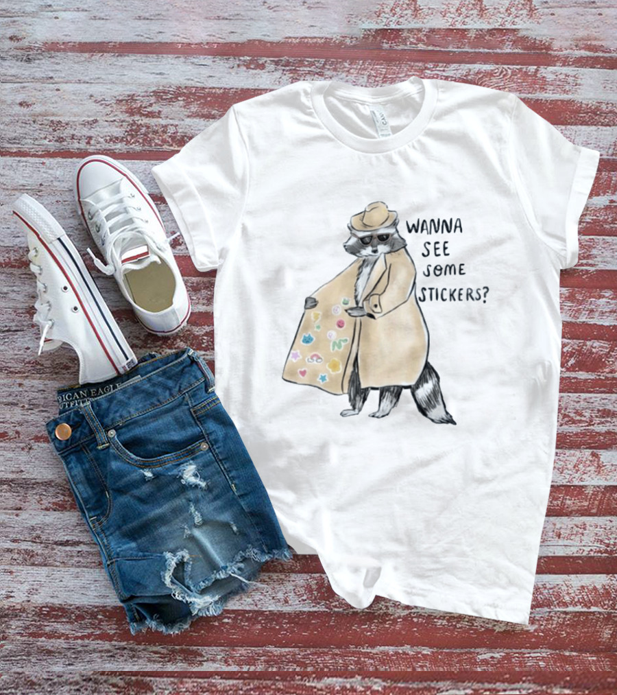 Raccoon In Trench Coat Wanna See Some Stickers T-Shirt