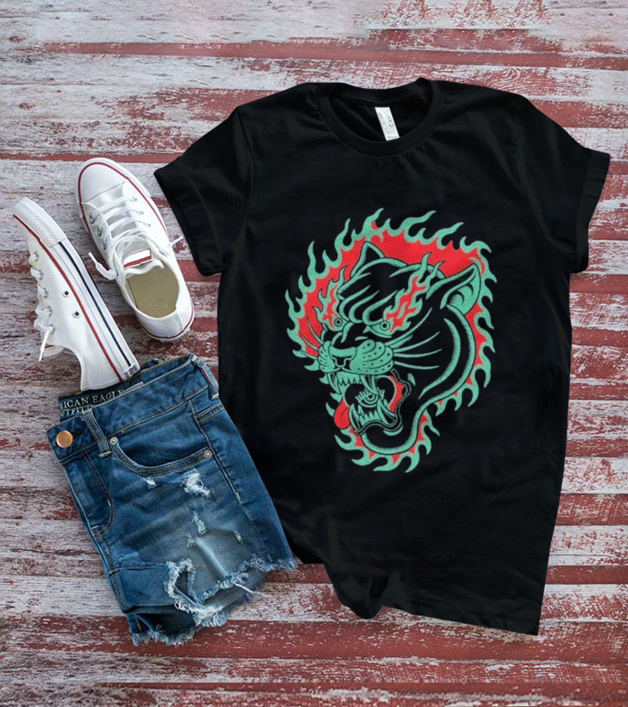 Bad Monday Panther Bite Heavy Flaming Green Red Panther T-Shirt