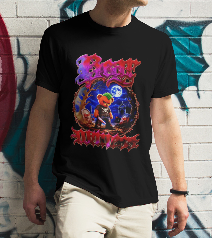 Bear Killers Punk Teddy Bear With Knife And Moonlit Graveyard Scene T-Shirt