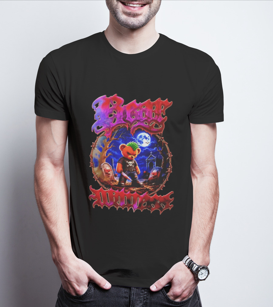 Bear Killers Punk Teddy Bear With Knife And Moonlit Graveyard Scene T-Shirt