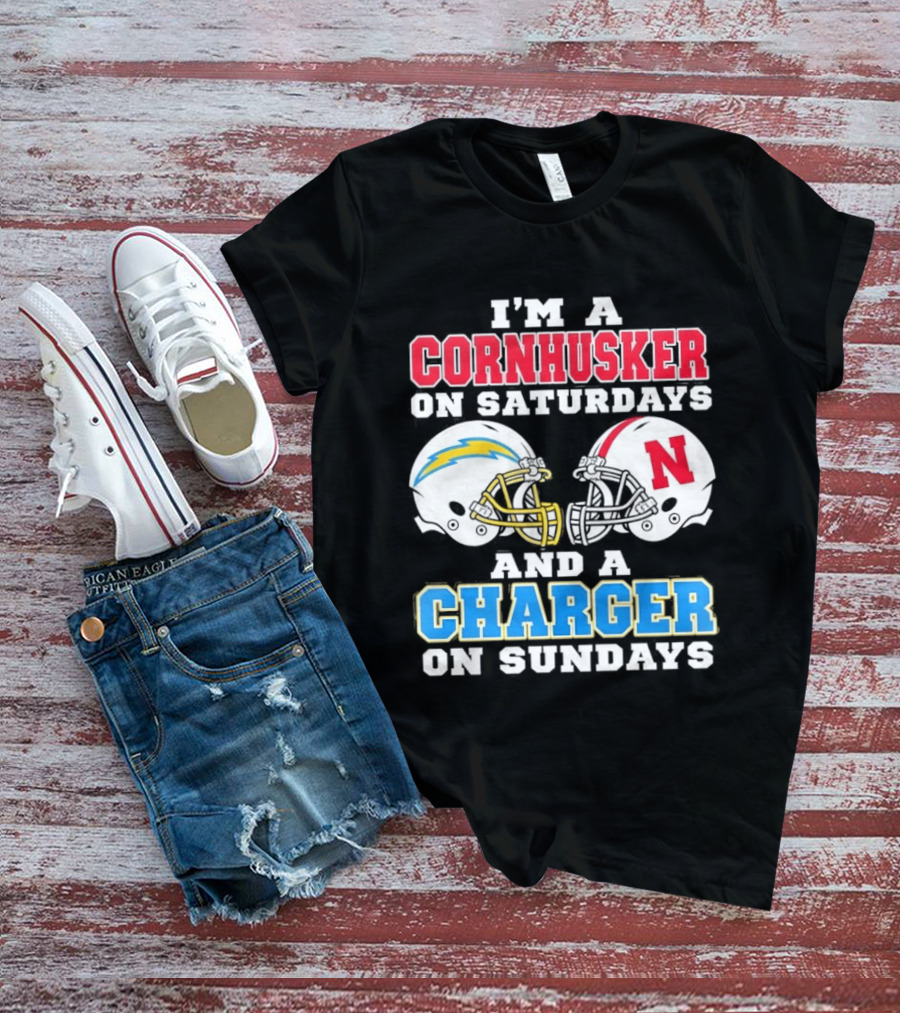 I'm A Cornhusker On Saturdays And A Charger On Sundays Football Fan Football Team Helmets T-Shirt