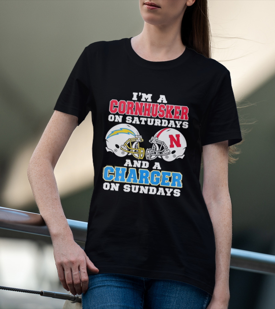 I'm A Cornhusker On Saturdays And A Charger On Sundays Football Fan Football Team Helmets T-Shirt