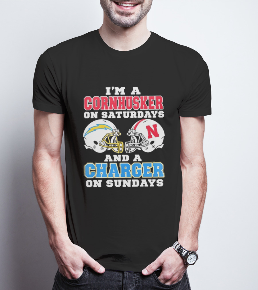I'm A Cornhusker On Saturdays And A Charger On Sundays Football Fan Football Team Helmets T-Shirt