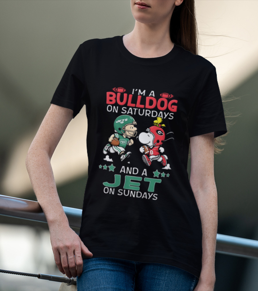 Charlie Brown Snoopy Woodstock I'm A Bulldog On Saturdays And A Jet On Sundays NCAAF NFL T-Shirt