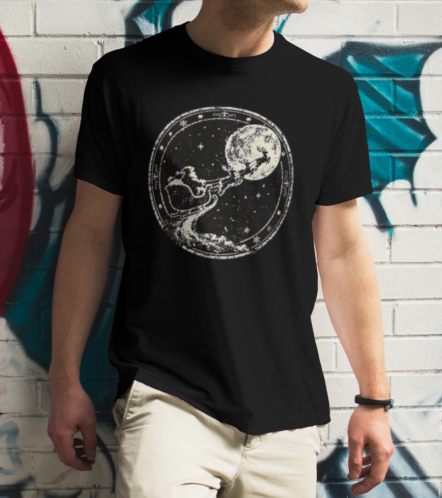 Santa Sleigh Flying Across Moonlit Night Vintage Stamp Christmas T-Shirt