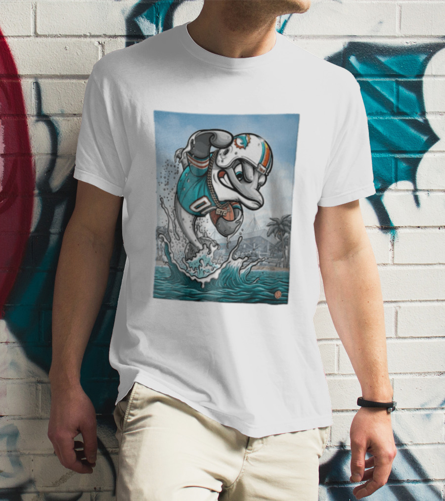 Miami Dolphins Garo Yepremian Fins Up 1972 Cartoon Dolphin Helmet Football T-Shirt