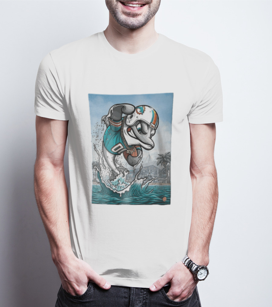 Miami Dolphins Garo Yepremian Fins Up 1972 Cartoon Dolphin Helmet Football T-Shirt