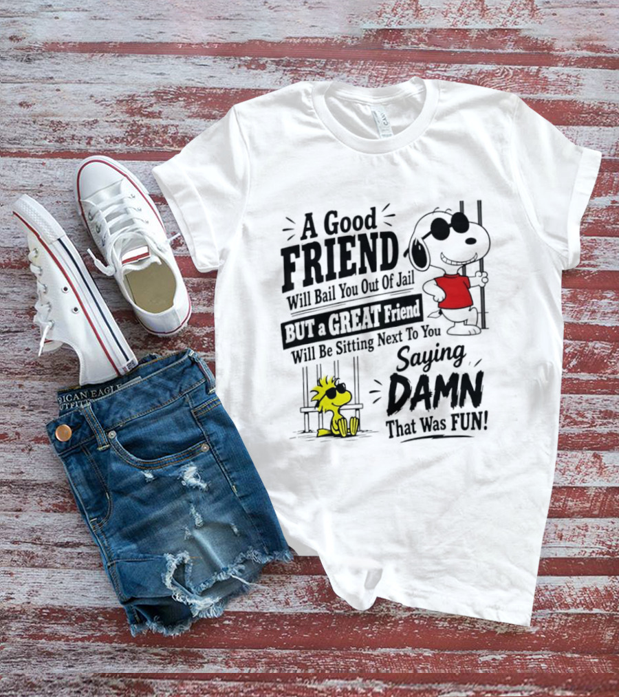 Snoopy And Woodstock A Good Friend Will Bail You Out Of Jail A Great Friend Will Be Sitting Next To You Saying Damn That Was Fun T-Shirt
