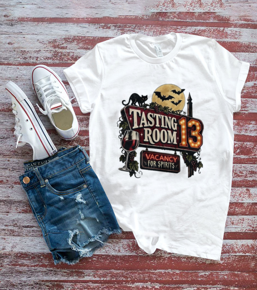 Tasting Room 13 Vacancy For Spirits Halloween Wine Moon Bats Cat T-Shirt