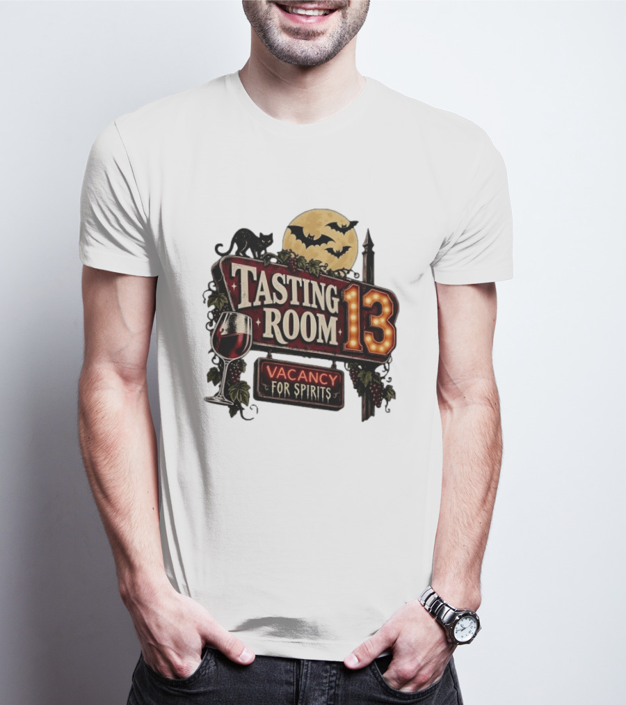 Tasting Room 13 Vacancy For Spirits Halloween Wine Moon Bats Cat T-Shirt
