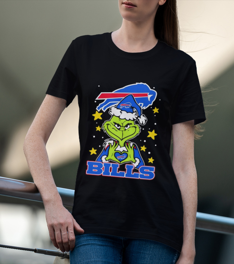 Grinch Heart Hands Christmas Buffalo Bills Football Holiday T-Shirt