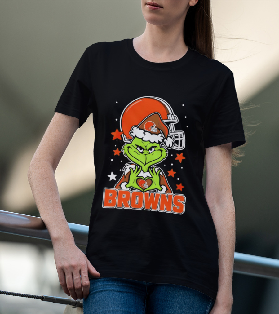 Grinch Heart Love Cleveland Browns Christmas Football T-Shirt