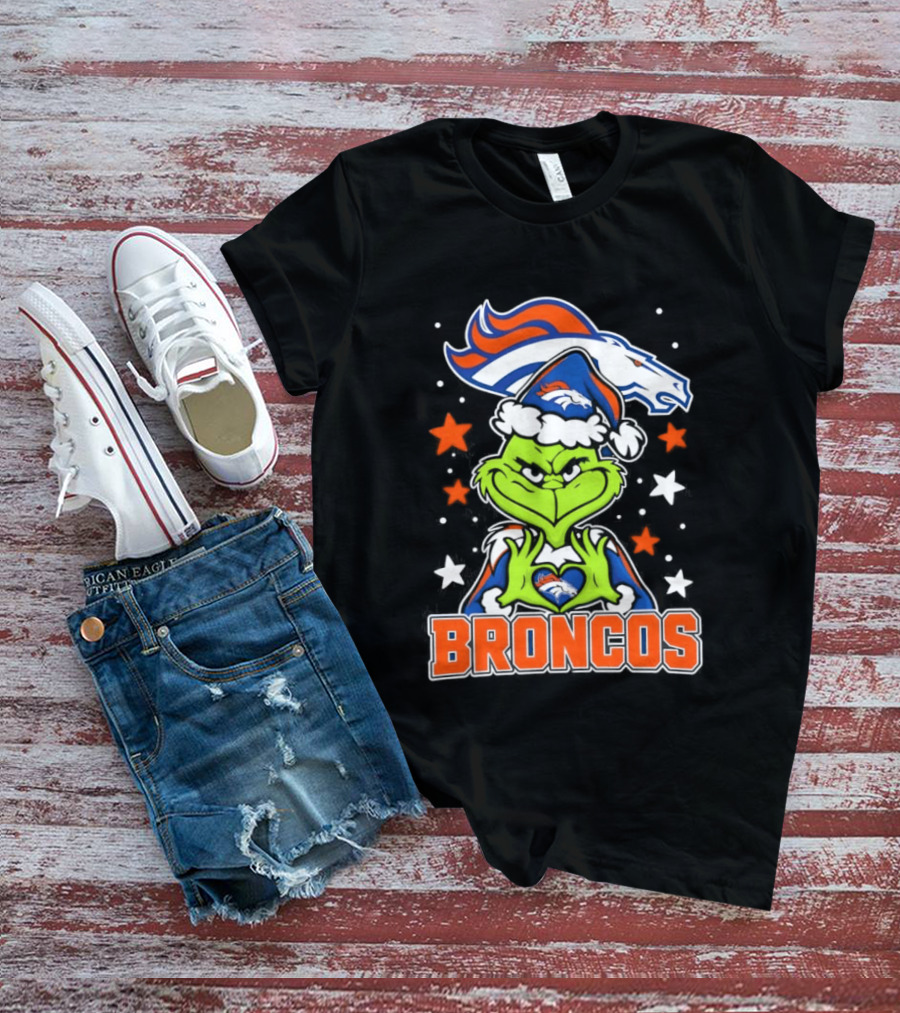 Broncos Christmas Grinch Heart Hands Love Denver Football T-Shirt