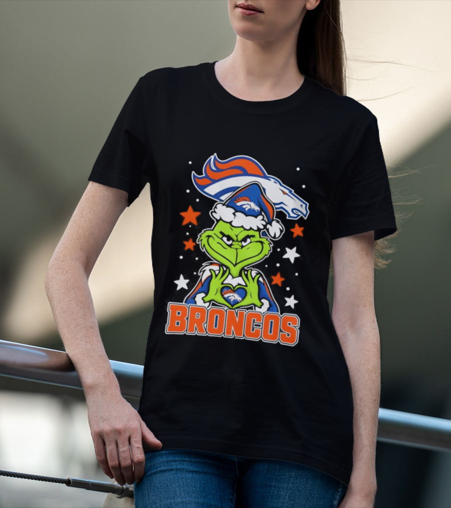 Broncos Christmas Grinch Heart Hands Love Denver Football T-Shirt
