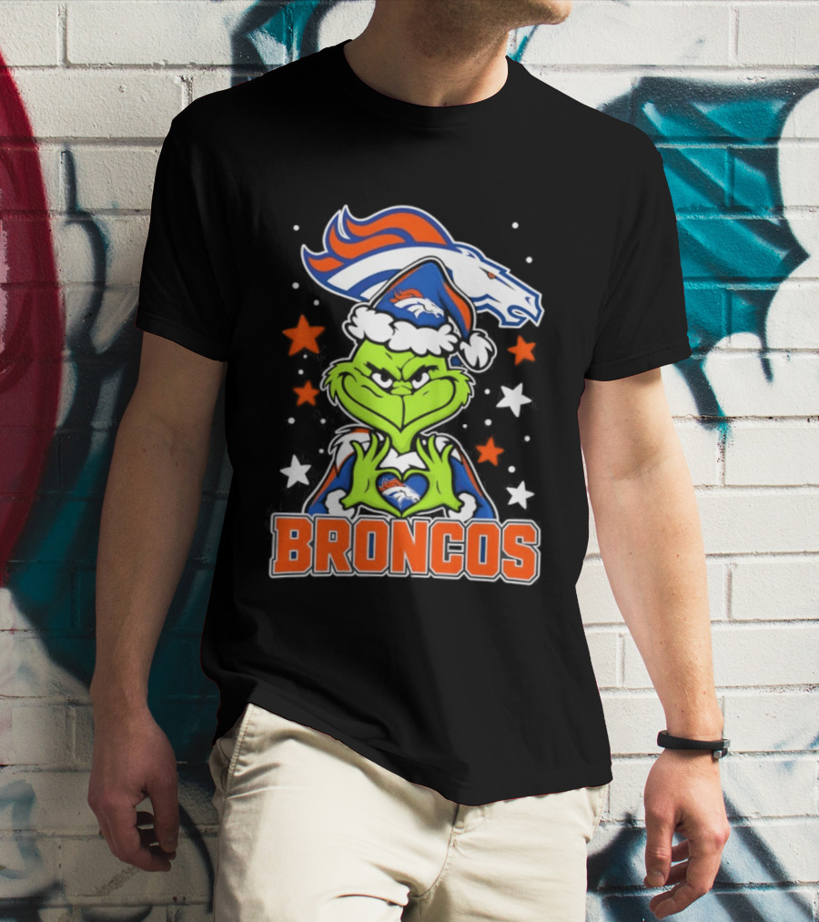 Broncos Christmas Grinch Heart Hands Love Denver Football T-Shirt