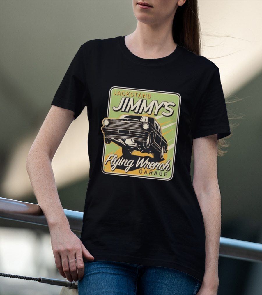 Jackstand Jimmy's Flying Wrench Garage Vintage Hot Rod Art Cleetus McFarland T-Shirt
