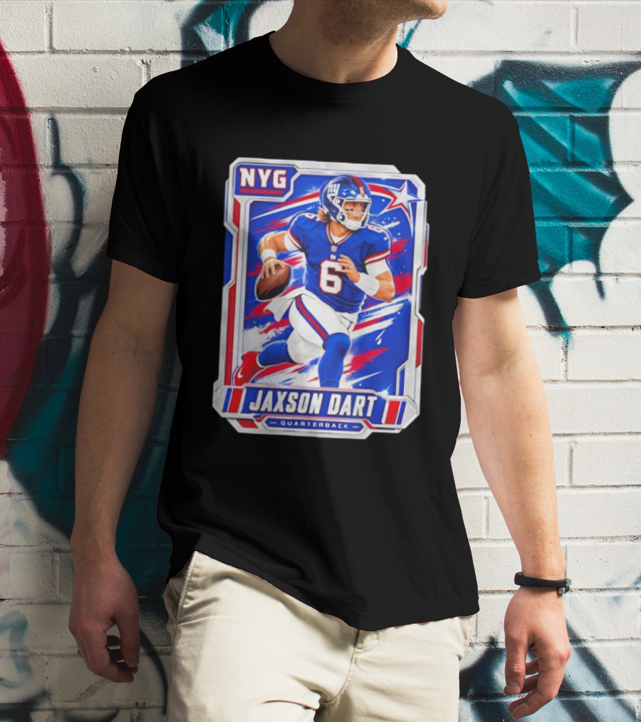 NYG Jaxson Dart 2026 Trading Card Blue Jersey Quarterback T-Shirt