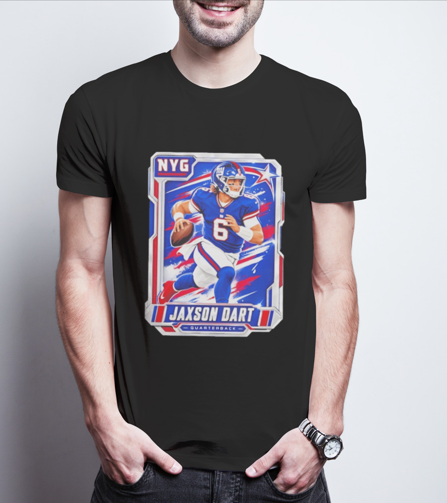 NYG Jaxson Dart 2026 Trading Card Blue Jersey Quarterback T-Shirt
