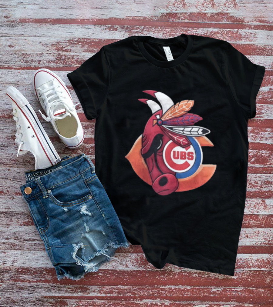 Chicago Bears Cubs Red Bull Native American Headdress T-Shirt