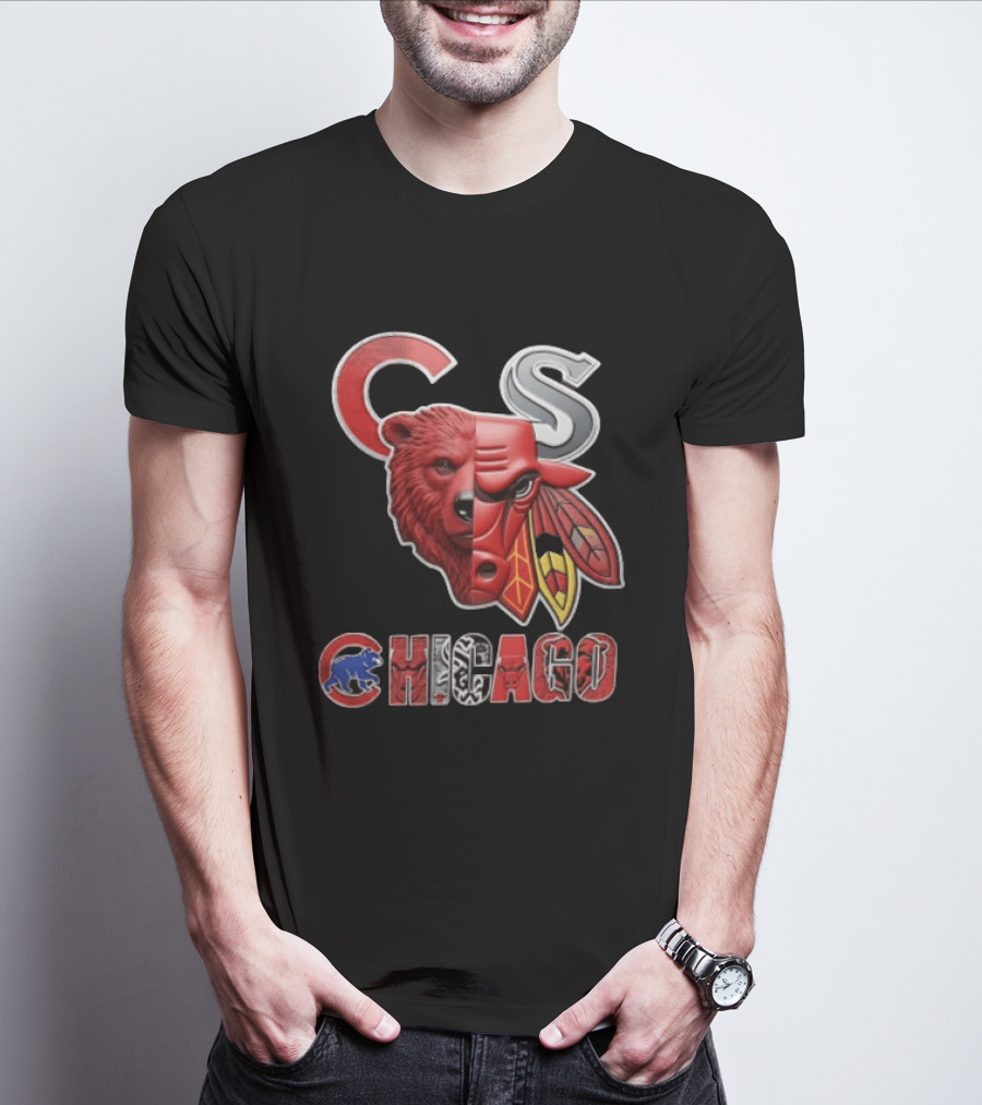 Chicago Cubs Bulls Blackhawks Split Face Bear Bull T-Shirt