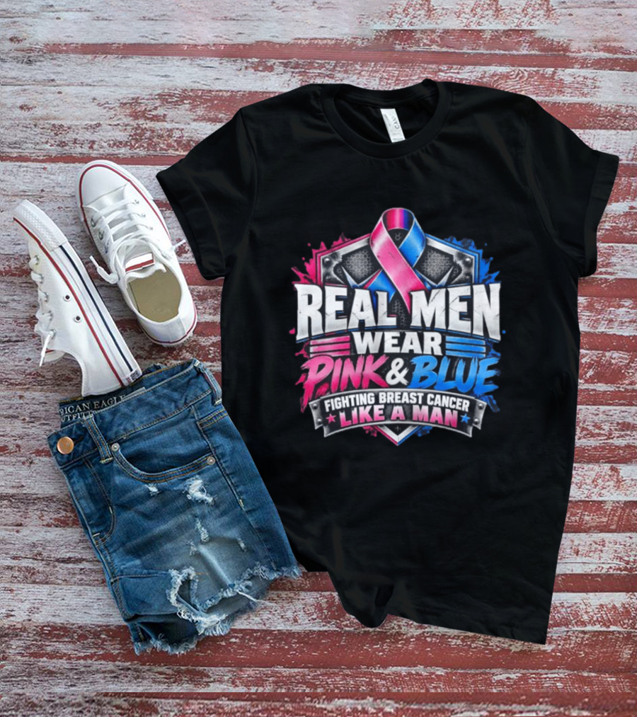 Real Men Wear Pink And Blue Fighting Breast Cancer Like A Man Ribbon Shield T-Shirt