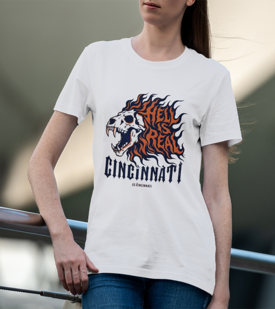 FC Cincinnati Lion Skull Hell Is Real Flames Roaring Fire T-Shirt