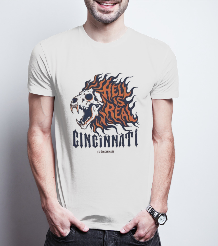FC Cincinnati Lion Skull Hell Is Real Flames Roaring Fire T-Shirt