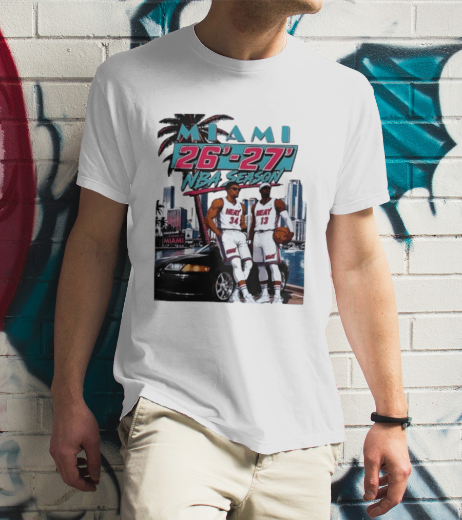 Miami Heat 26 27 NBA Season Palm Trees Skyline Players T-Shirt
