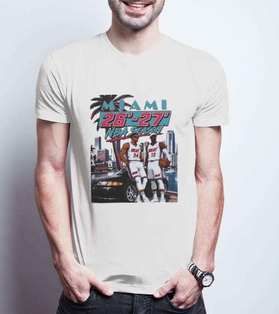 Miami Heat 26 27 NBA Season Palm Trees Skyline Players T-Shirt