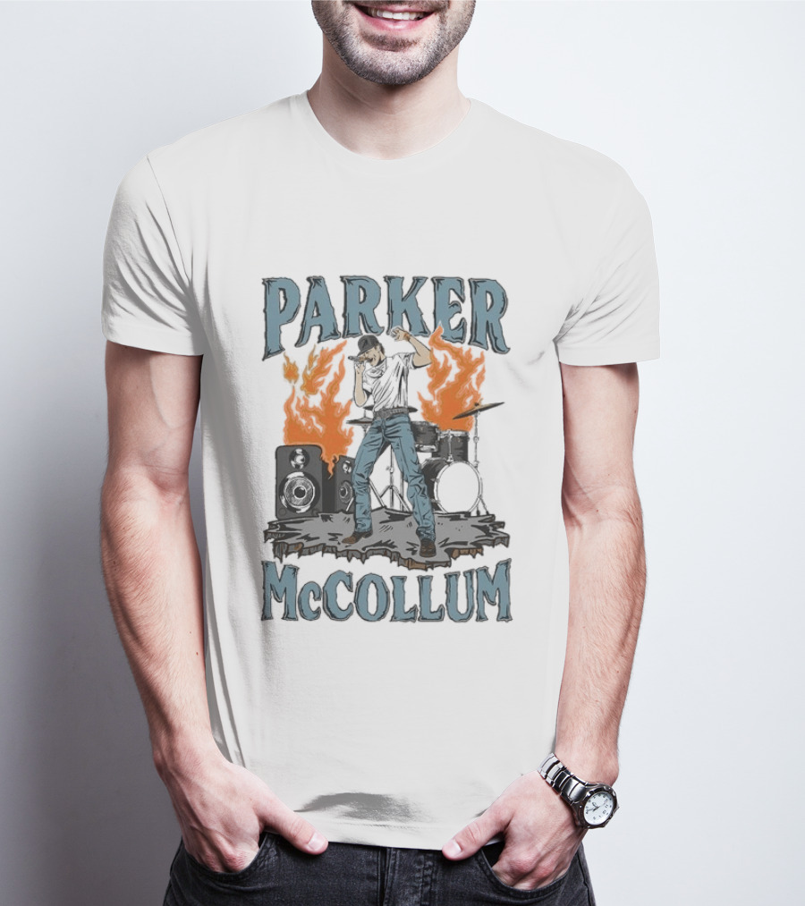 Parker Mccollum Cartoon Flames Concert Scene With Drums And Speakers T-Shirt