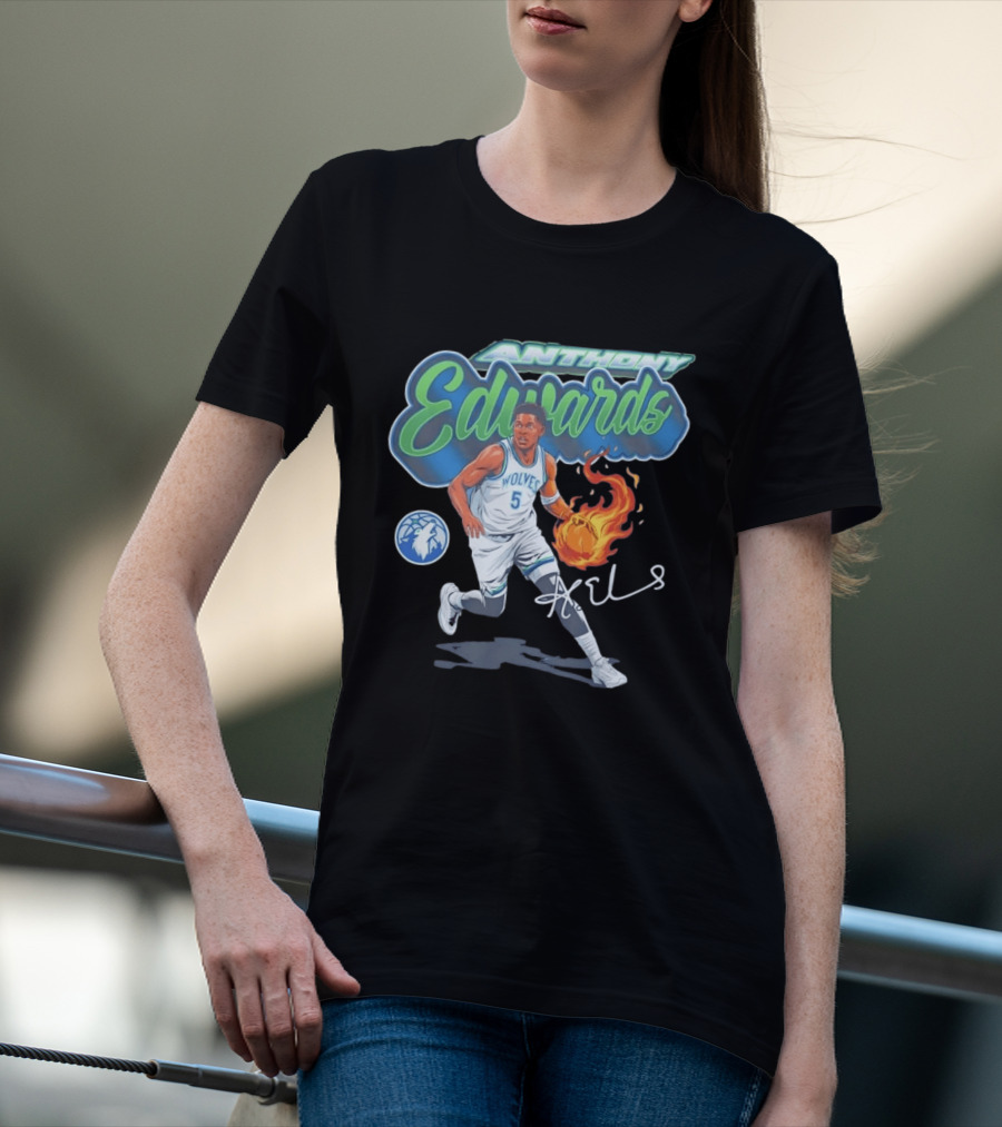 Anthony Edwards Wolves Cursive Script Basketball Flame Edit T-Shirt