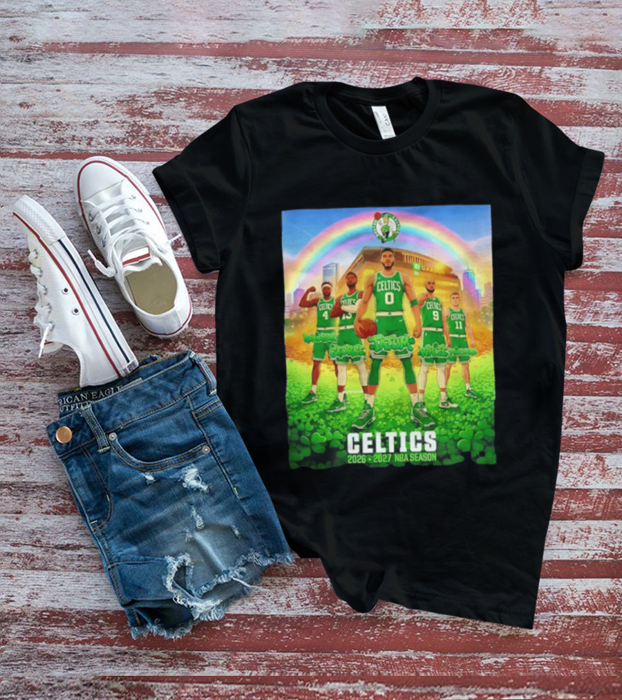 Boston Celtics 2026 2027 NBA Season Tatum George White Robinson Pritchard Basketball Team Players Under Rainbow Scene T-Shirt
