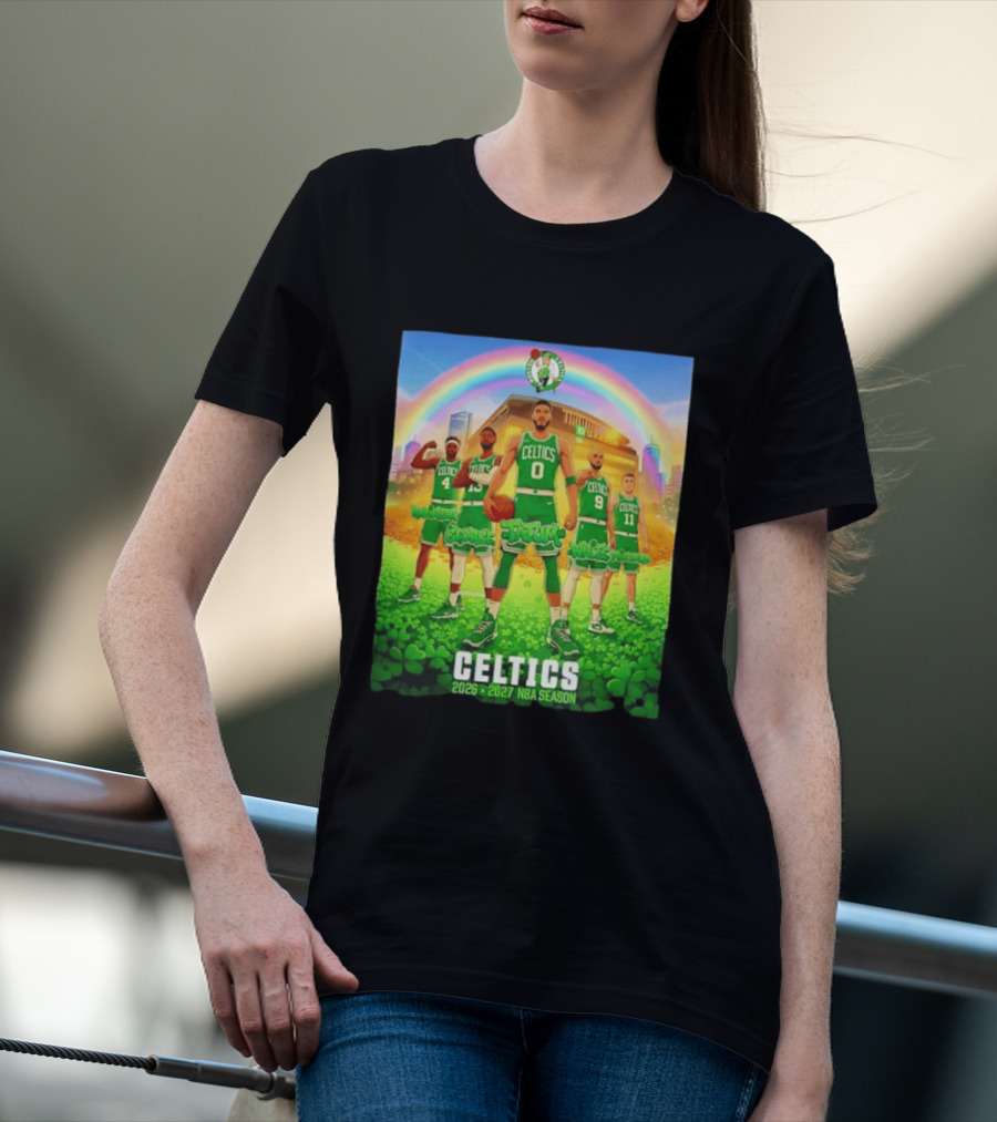 Boston Celtics 2026 2027 NBA Season Tatum George White Robinson Pritchard Basketball Team Players Under Rainbow Scene T-Shirt