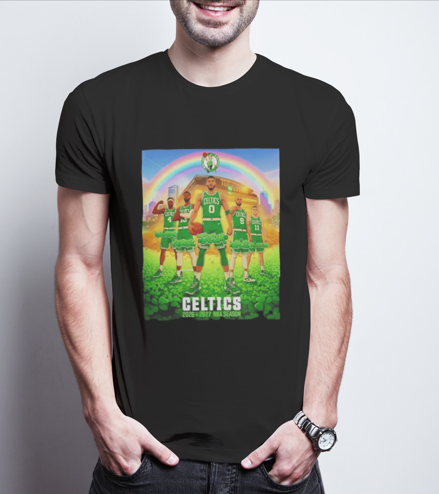Boston Celtics 2026 2027 NBA Season Tatum George White Robinson Pritchard Basketball Team Players Under Rainbow Scene T-Shirt