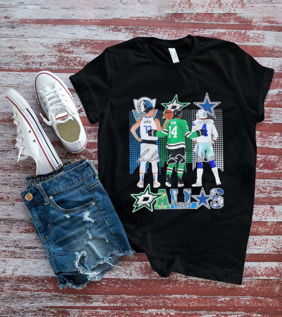 Dallas Mavericks Stars Signatures Skyline Luka Doncic Benn Dallas Cowboys T-Shirt