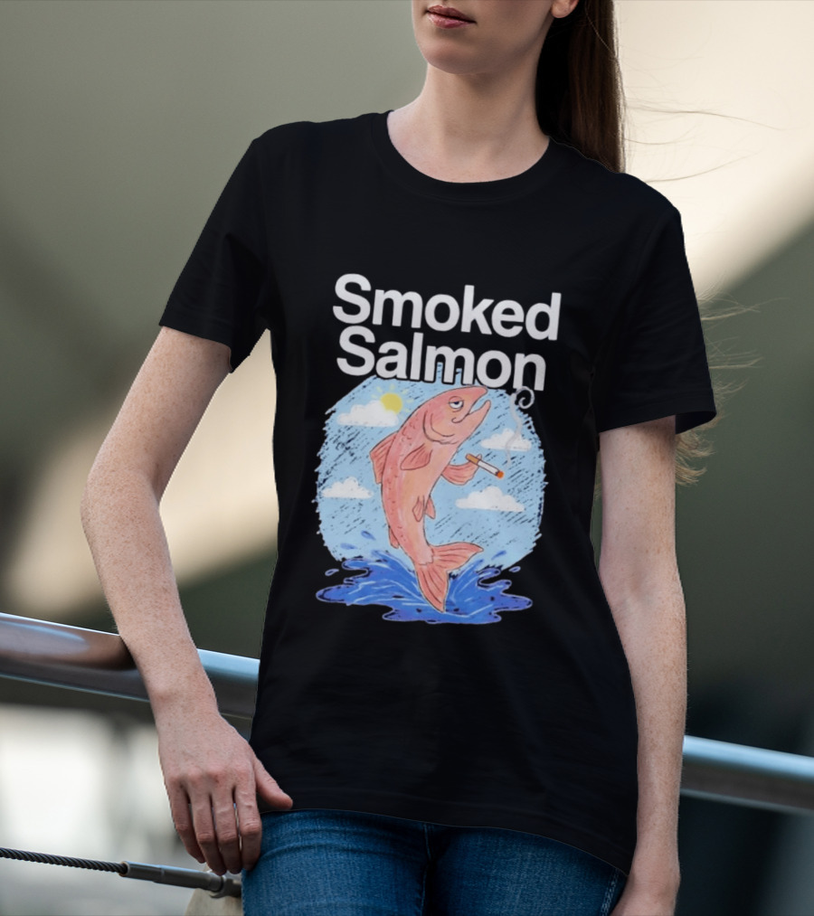 Smoked Salmon Smoking Fish Humorous Cartoon Design With Cloud And Water T-Shirt