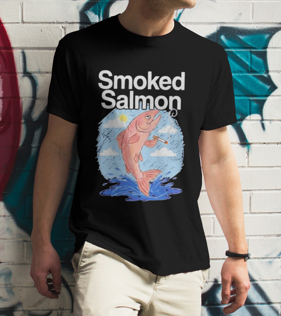 Smoked Salmon Smoking Fish Humorous Cartoon Design With Cloud And Water T-Shirt