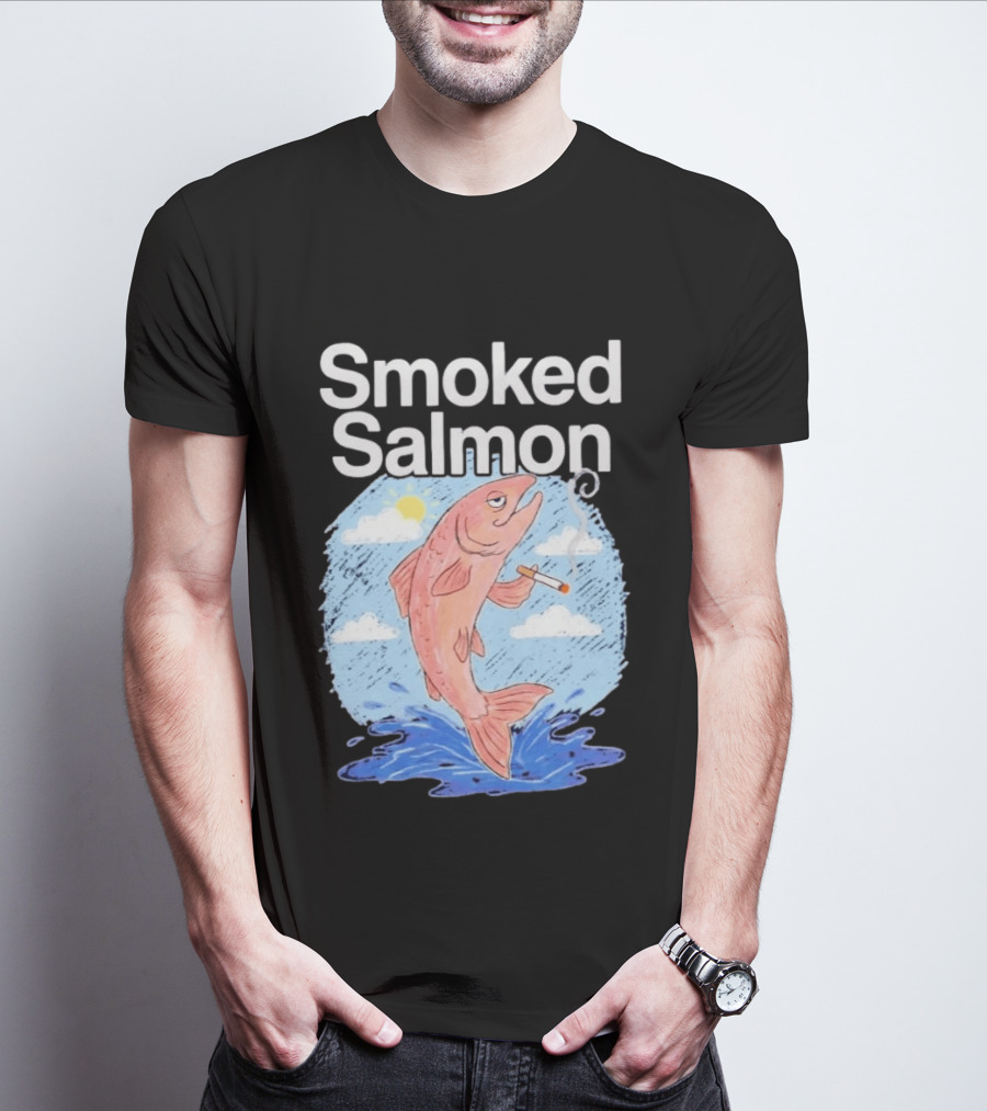 Smoked Salmon Smoking Fish Humorous Cartoon Design With Cloud And Water T-Shirt