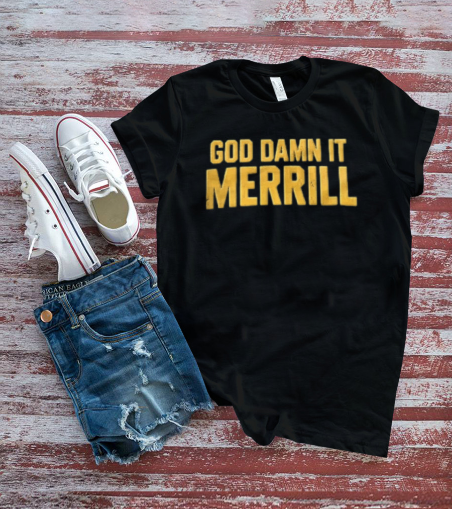 Merrill God Damn It Yellow Distressed Block Lettering T-Shirt