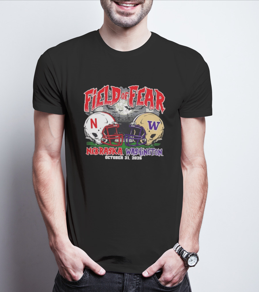 Field Of Fear 2026 Nebraska Cornhuskers Vs Washington Huskies Halloween October 31 T-Shirt