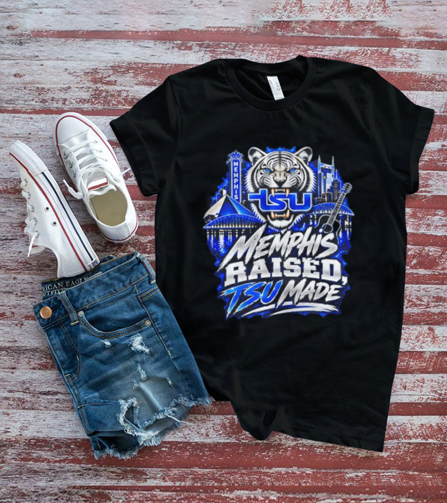 Memphis Raised TSU Made Tiger Skyline Guitar Blueprint T-Shirt