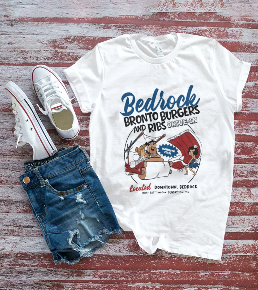 Bedrock Bronto Burgers And Ribs Drive In Downtown Bedrock Fred Flintstone Car And Dino Ribs T-Shirt
