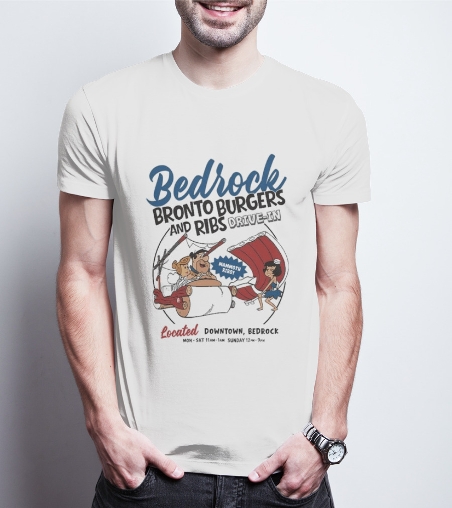 Bedrock Bronto Burgers And Ribs Drive In Downtown Bedrock Fred Flintstone Car And Dino Ribs T-Shirt