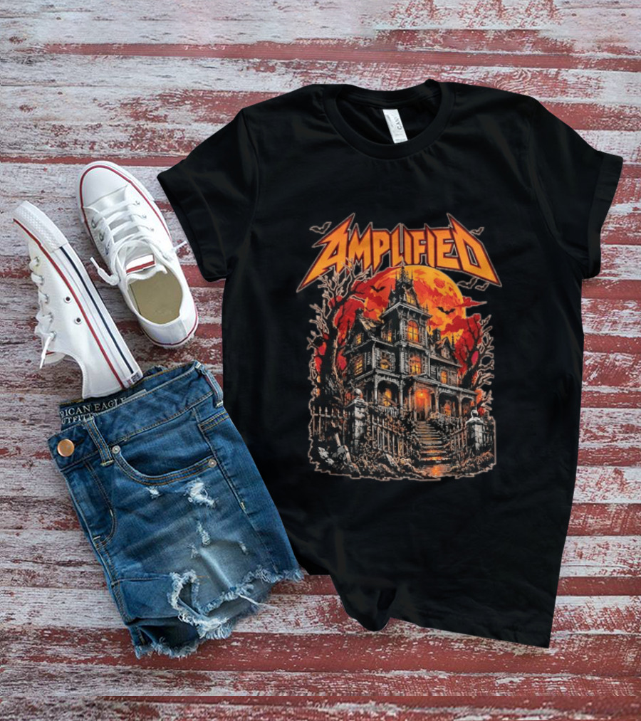 Amplified Haunted House Creepy Mansion With Eerie Full Moon And Dark Trees T-Shirt