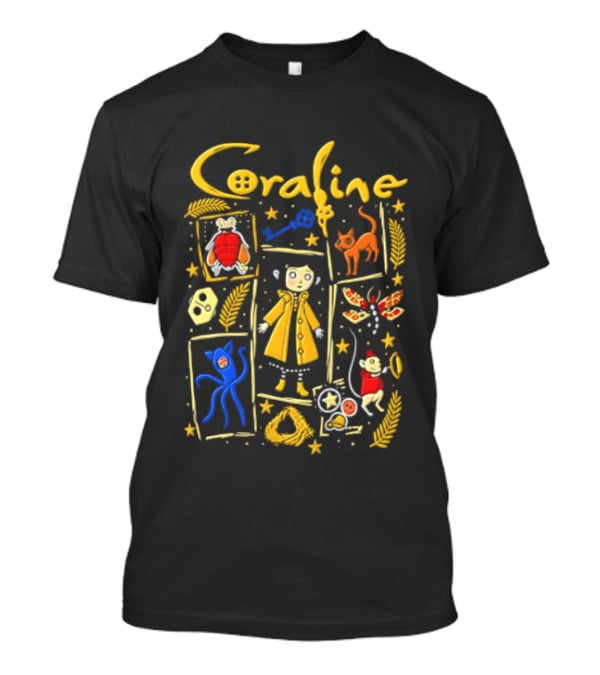 Coraline Characters Key Yellow Coat Cat Other Mother Neil Gaiman T-Shirt