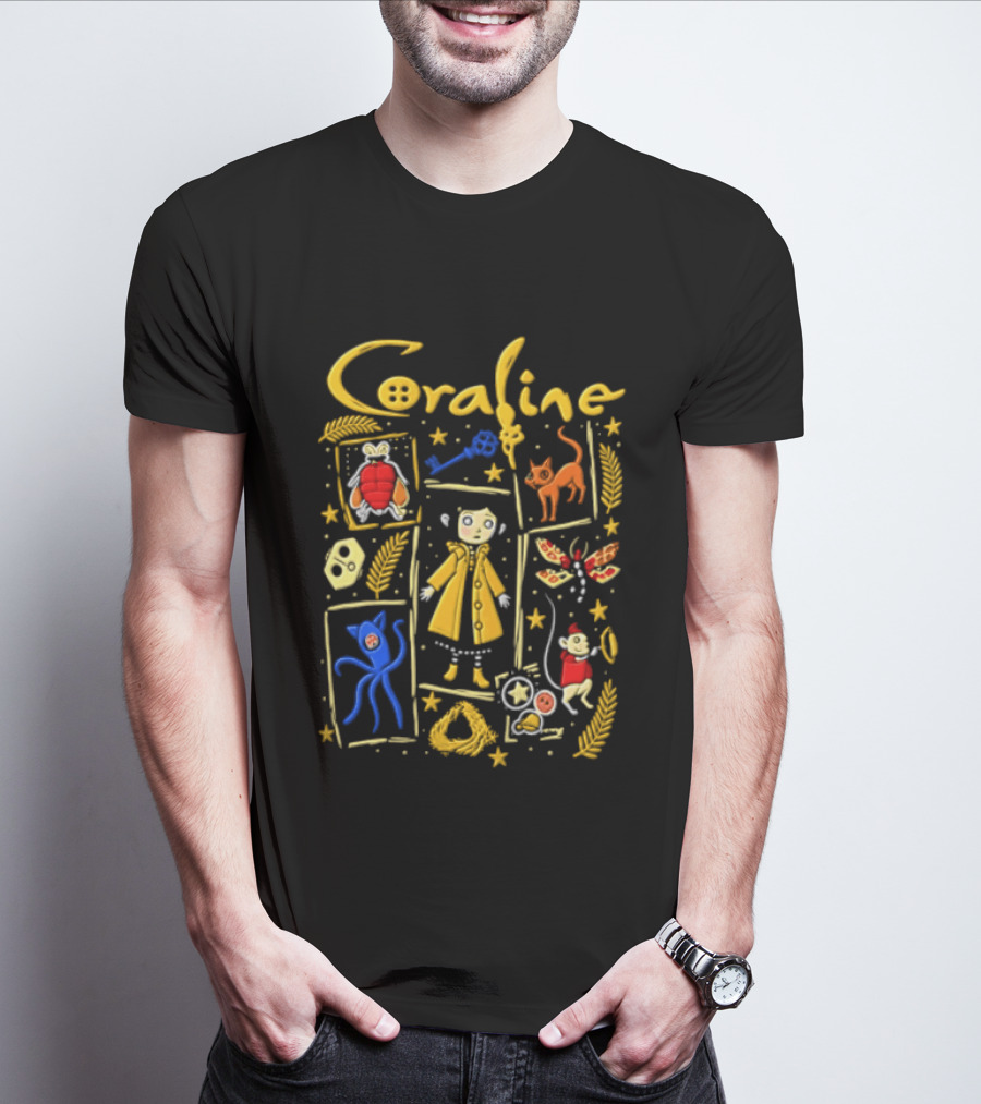 Coraline Characters Key Yellow Coat Cat Other Mother Neil Gaiman T-Shirt