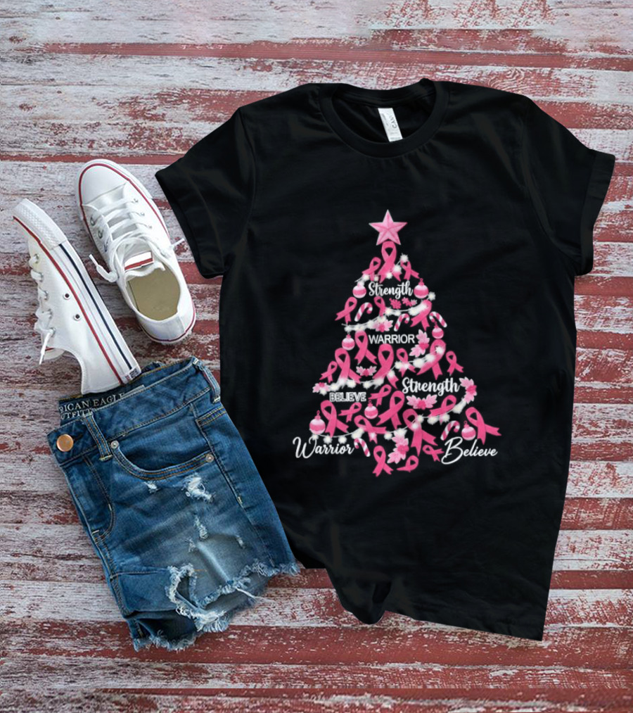 Warrior Strength Believe Breast Cancer Awareness Christmas Tree T-Shirt